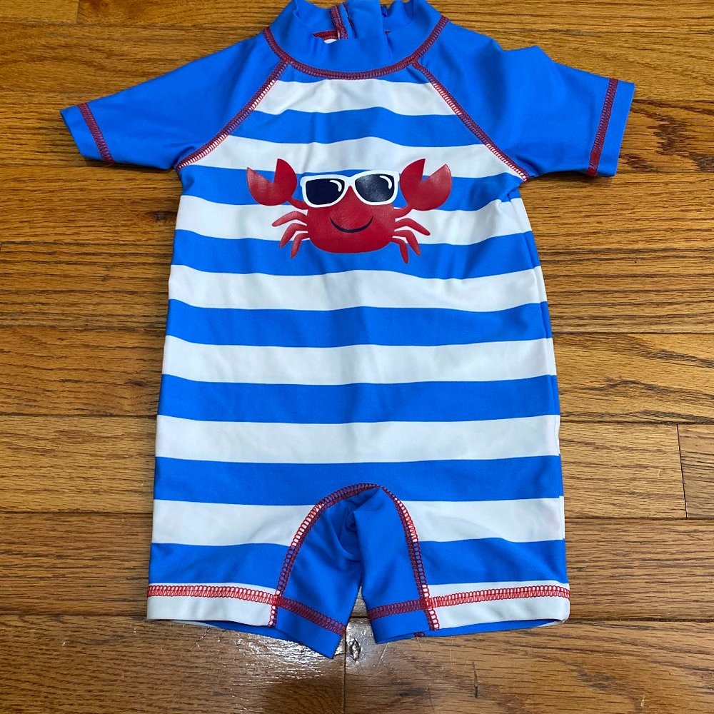Little Me ❤️ Blue & White Short Sleeve Back Zipper Romper Size 12 (PRE-LOVED)